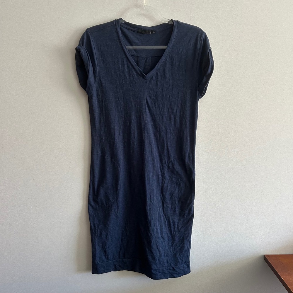 Prana T-Shirt Dress Navy Blue S V-Neck Cuffed Sleeve Pockets Slub Knit